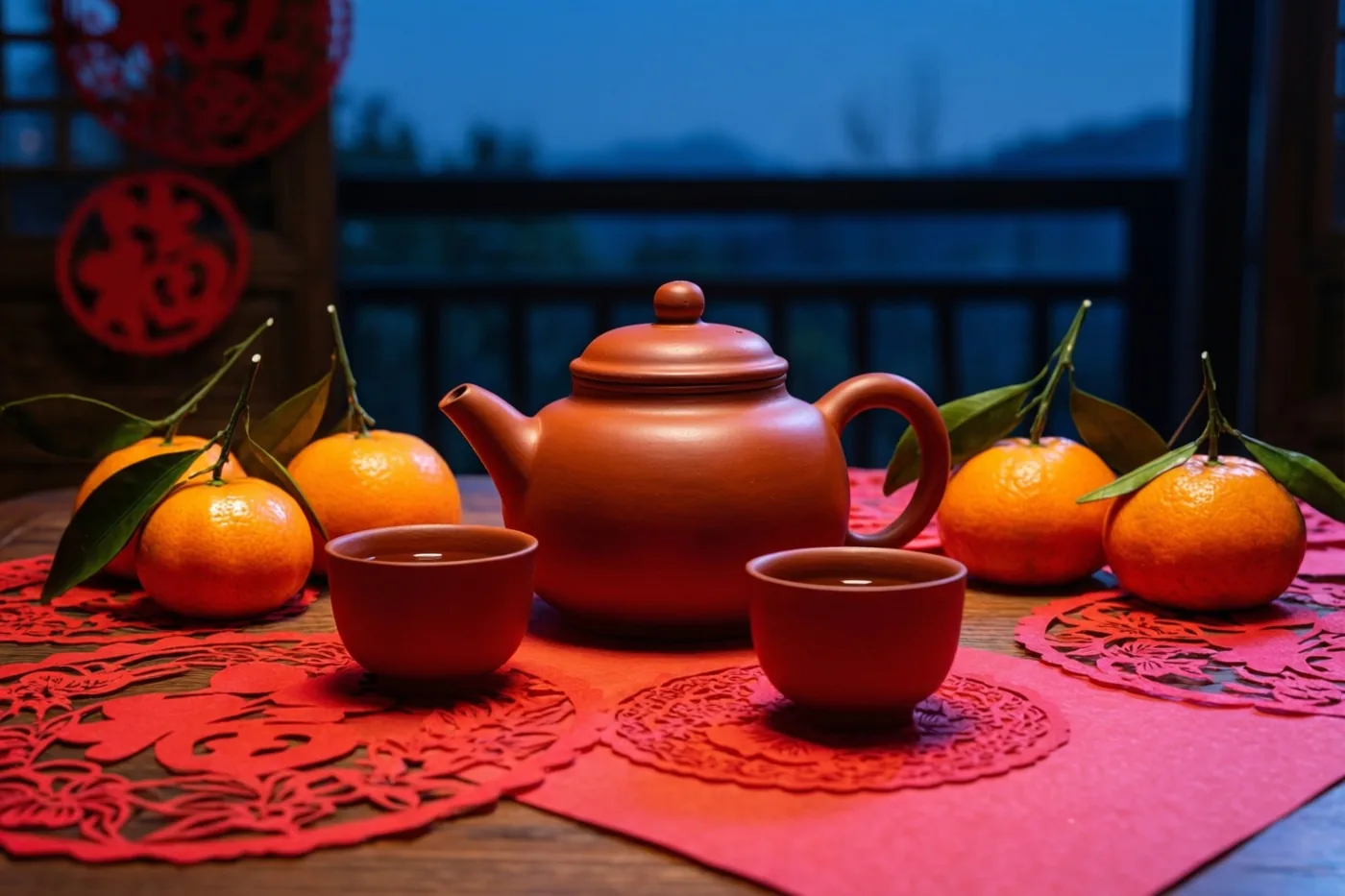 Een rode aardewerken theepot met twee bijpassende kopjes staat op een houten tafel met rode papieren knipsels en mandarijnen, tegen een blauwe avondachtergrond buiten met traditionele rode Chinese versiering.