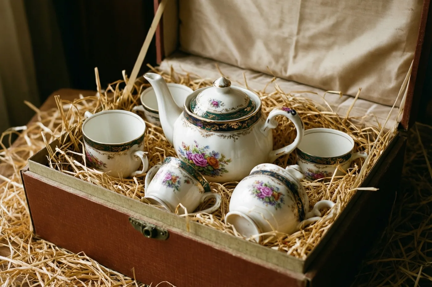 Een porseleinen vintagetheeservies met bloemenpatronen ligt in stro in een open houten geschenkdoos, in warme crème-, goud- en bruintinten.