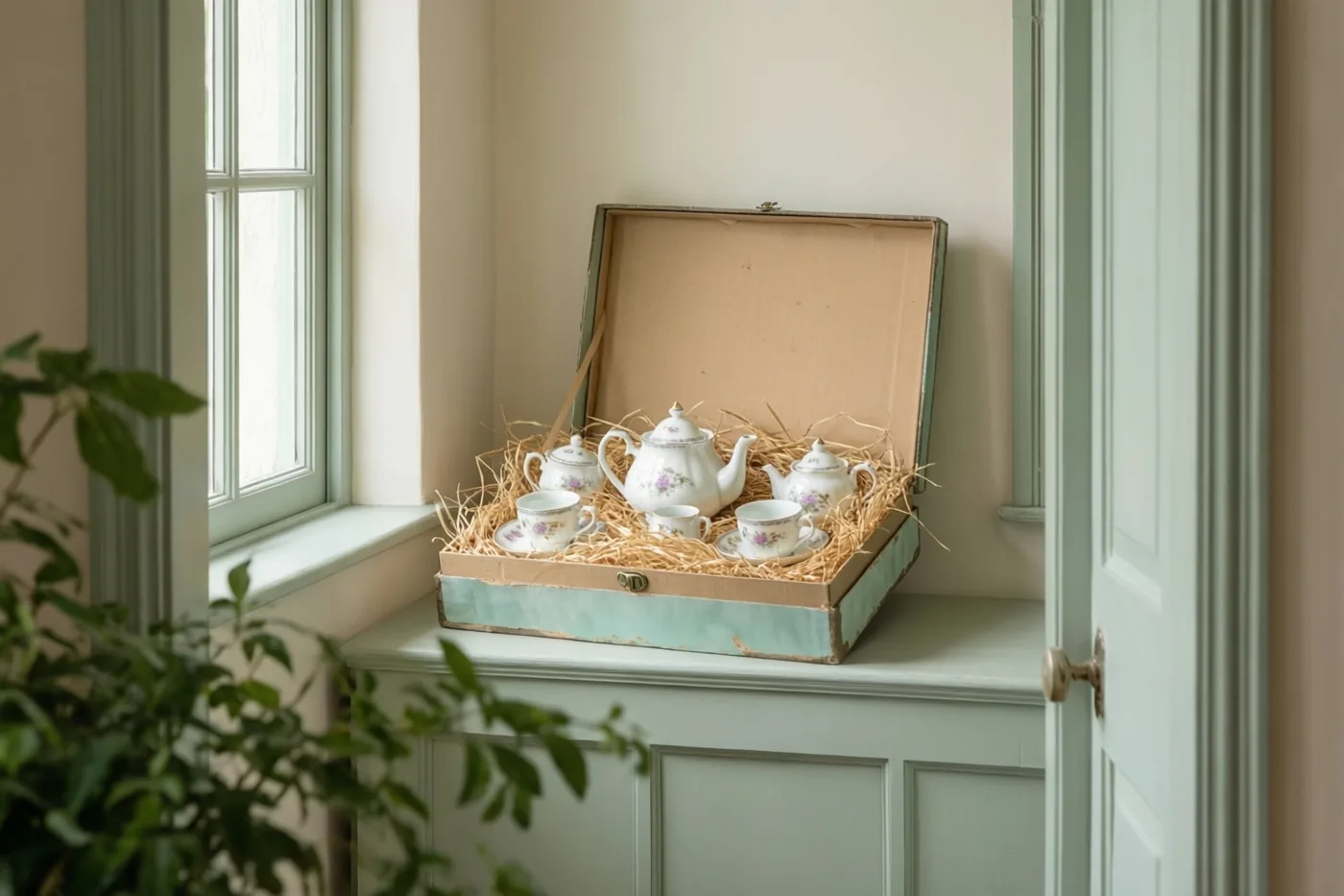 Een porseleinen vintagetheeservies met bloemenpatronen ligt in stro in een open lichtblauwe geschenkdoos op een witte kast bij een raam.