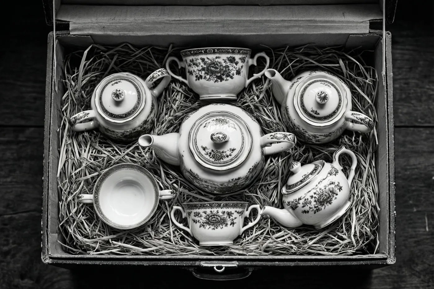 Een zwart-witfoto toont een porseleinen vintagetheeservies met bloemenpatronen in stro in een open geschenkdoos.
