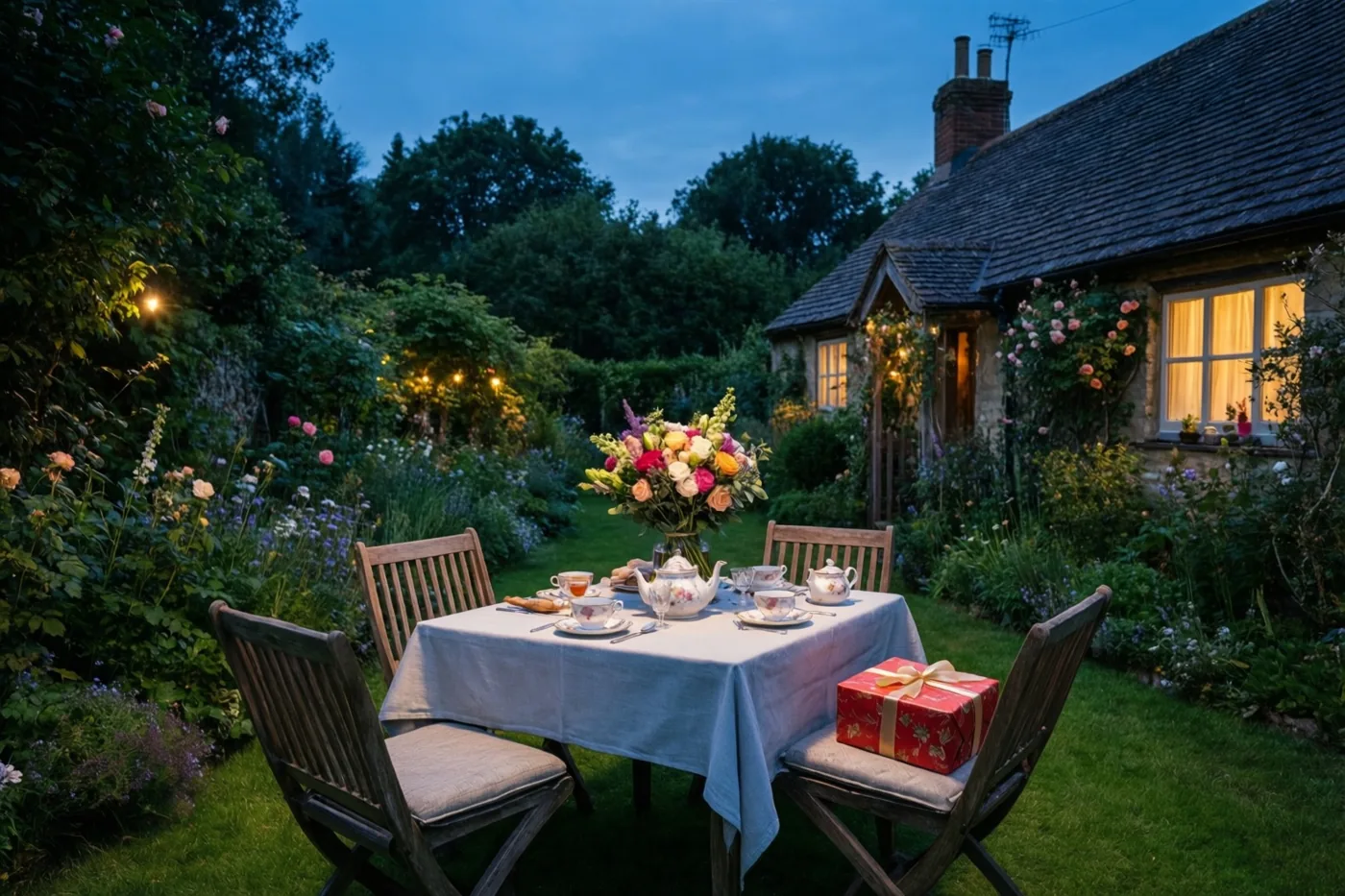 Een tuintafel met theeservies, een boeket en een rode geschenkdoos staat bij schemering in warm licht, met een stenen huisje op de achtergrond.