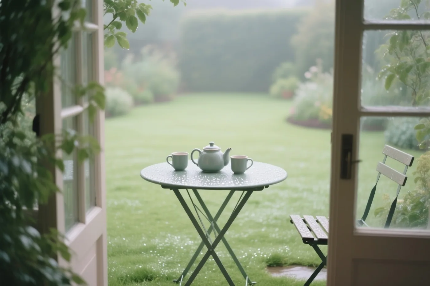 Door een open deur zie je een rond tuintafeltje met een theepot en twee kopjes op een bedauwd gazon in de mist.