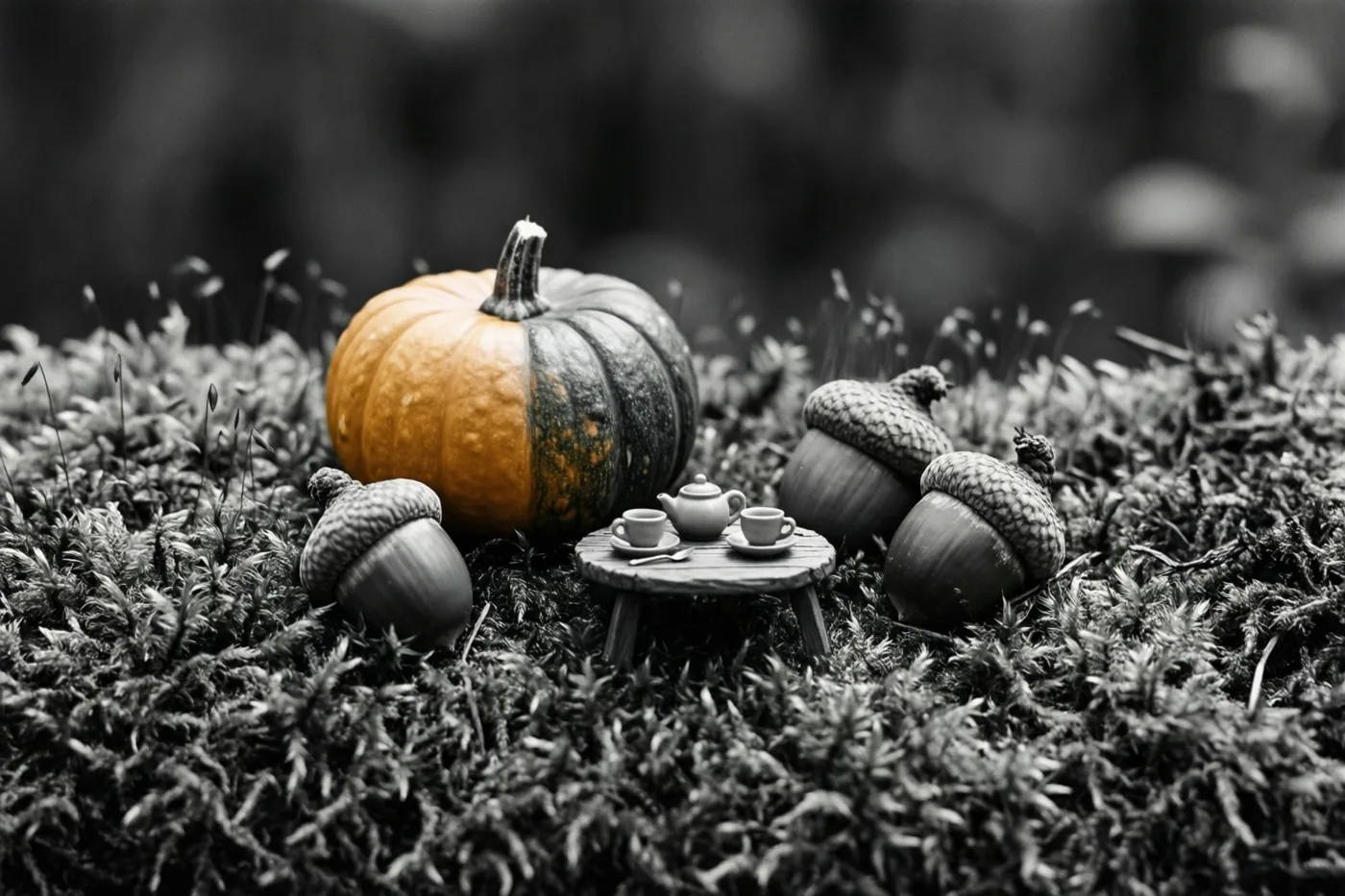Een miniatuurtheepot met twee kopjes staat op een klein houten tafeltje tussen eikeldopjes en een grote pompoen op mos, in een zwart-witbeeld waarin alleen de pompoen oranje is.