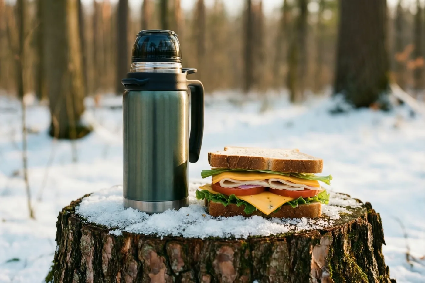 Een thermos en een boterham met kaas liggen op een besneeuwde boomstronk in een bos met warm zonlicht.