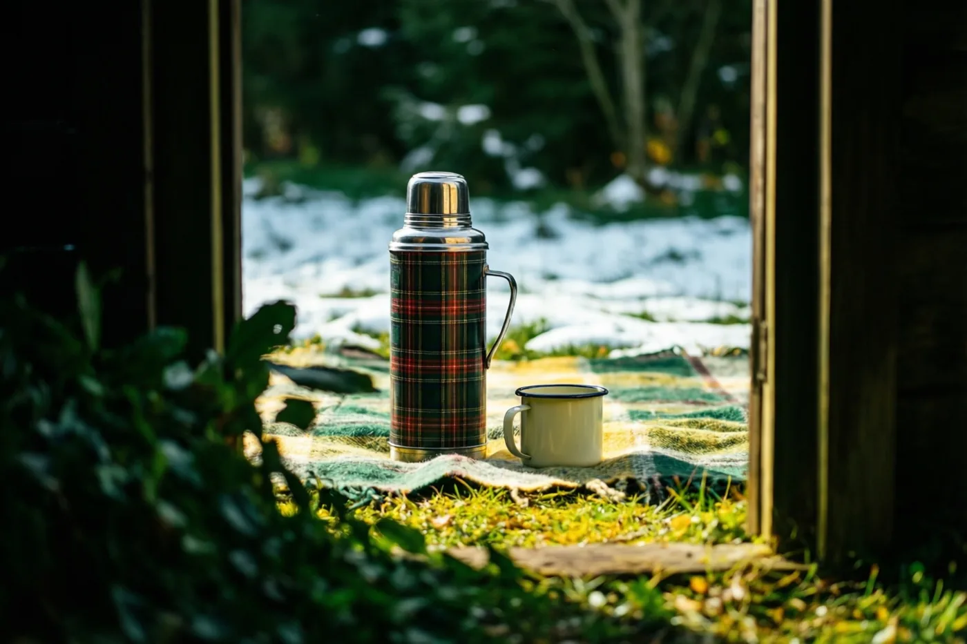 Door een open deuropening zie je een oude geruite thermos en een emaille mok op een deken met een patroon op het gras, met een besneeuwd landschap buiten in warm zonlicht.