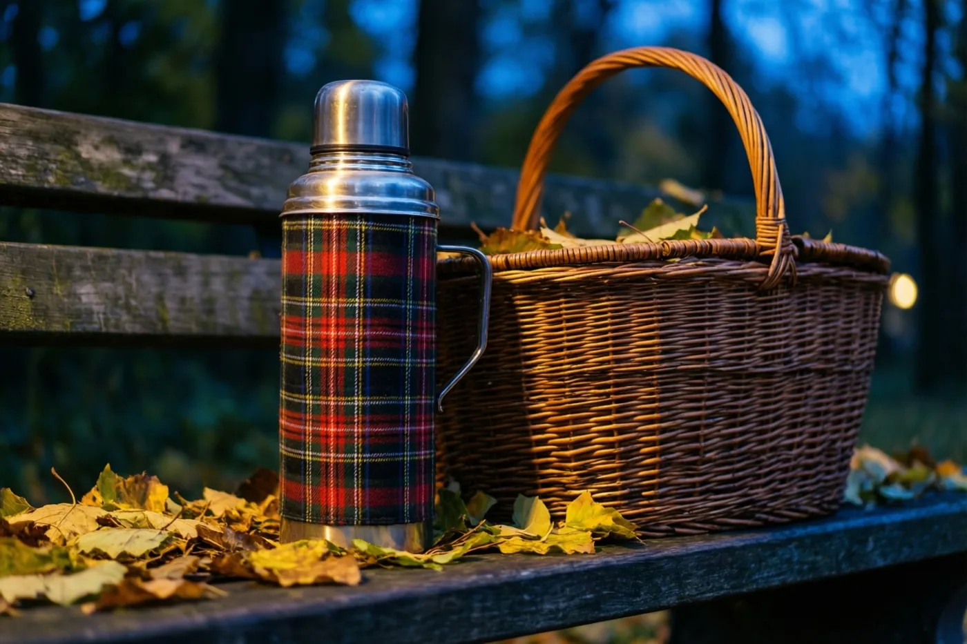 Een oude geruite thermos en een rieten mand staan op een houten bank vol herfstbladeren in een bos bij schemering, in koele blauwe tinten met warme accenten.