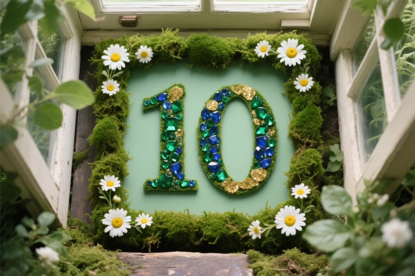 Een getal 10 van blauwe en groene edelstenen staat in een bemoste groene omlijsting met witte madeliefjes, tegen een landelijke tuinachtergrond met een raamkozijn.