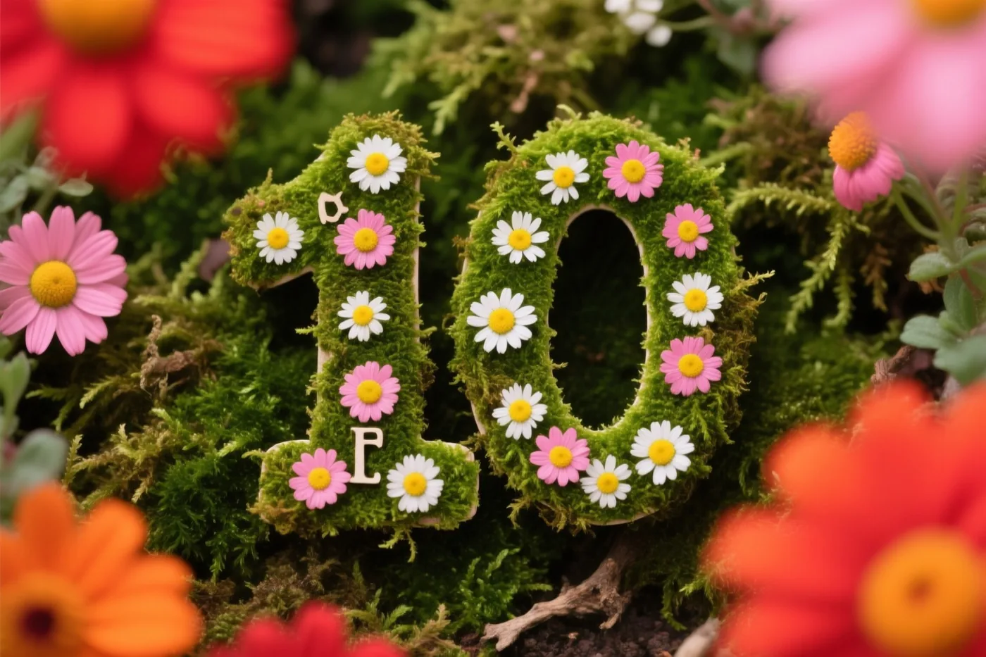 Het getal 10 is gemaakt van groen mos en versierd met roze en witte madeliefjes in een landelijke tuin met onscherpe bloemen voor en achter de cijfers.