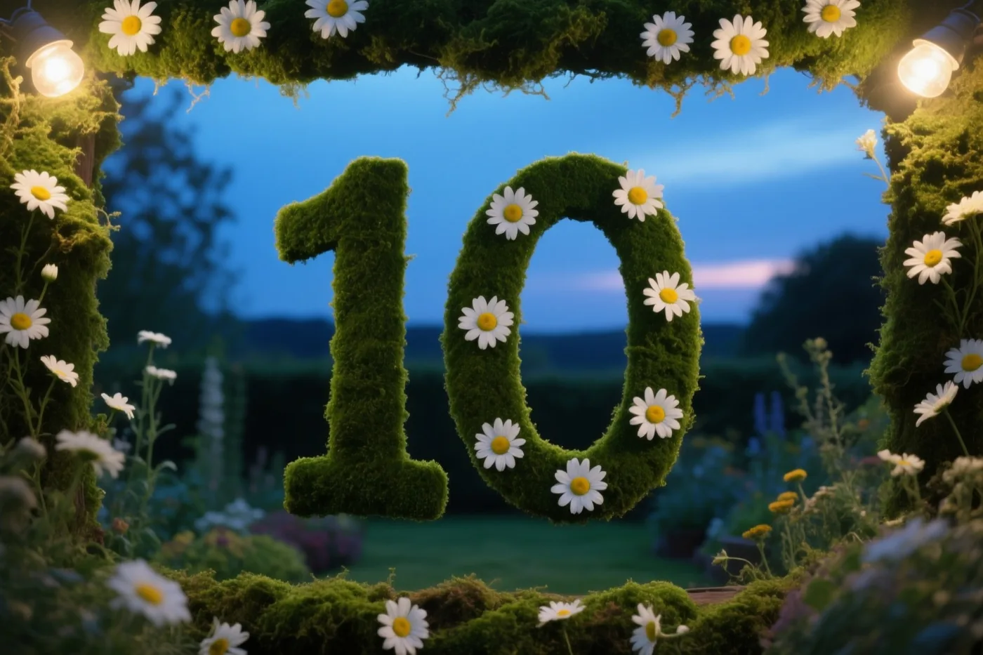 Een met mos bedekt frame in de vorm van het getal 10 is versierd met madeliefjes in een schemerige tuin met warme lichtjes en een blauwe lucht.