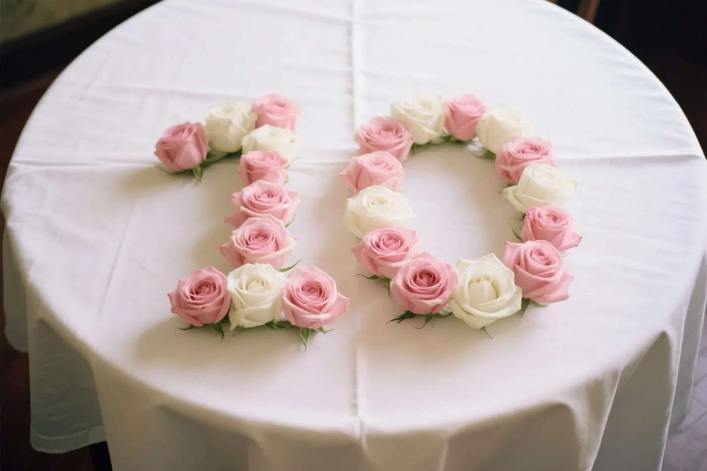 Van bovenaf zijn roze en witte rozen te zien die het getal 10 vormen op een wit tafelkleed.