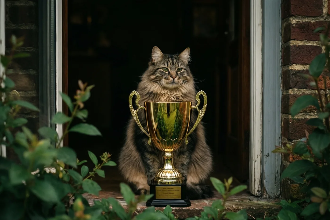 Een pluizige tijgerkat zit op een deurdrempel achter een grote gouden beker, omringd door groen gebladerte en een bakstenen muur.