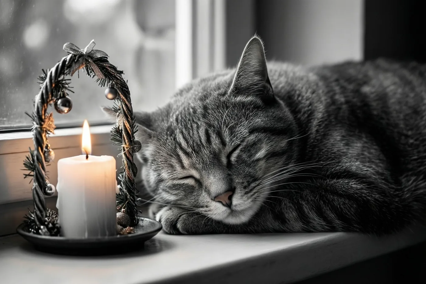 Een grijze tijgerkat slaapt op een vensterbank naast een brandende witte kaars binnen een decoratieve kerstboog, in een monochroom beeld met een warm oplichtende kaarsvlam.