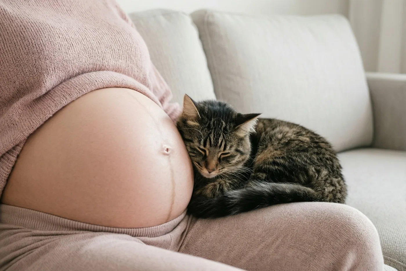 Een tijgerkat slaapt opgekruld tegen de ronde buik van een zwangere vrouw op een lichte zetel in zacht licht met roze en beige tinten.