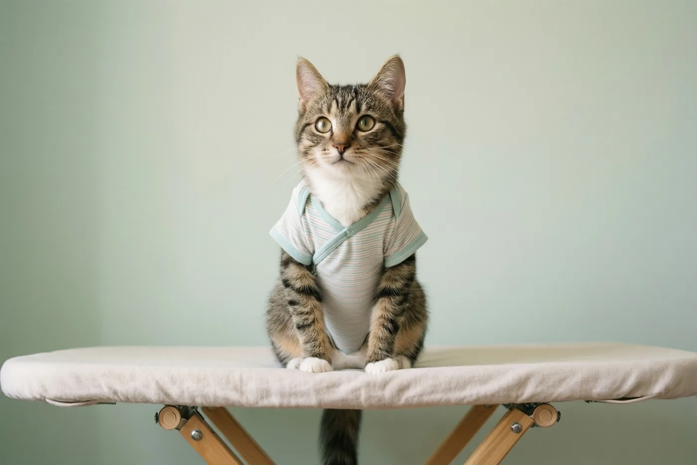 Een tijgerkat in een klein gestreept babypakje zit rechtop op een verzorgingstafel en kijkt naar de camera, tegen een lichtgroene muur.