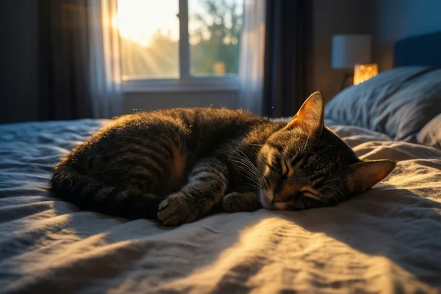 Een tijgerkat slaapt met haar kop naar beneden op een bed in een slaapkamer met zachte tinten, waar warm ochtendlicht door het raam valt.