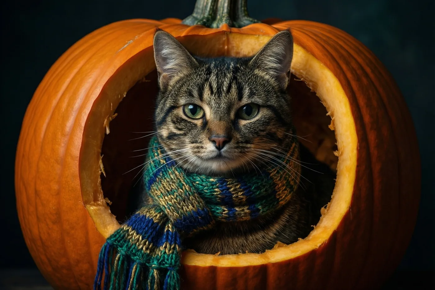 Een tijgerkat met een blauw-groene gebreide sjaal zit in een grote uitgeholde oranje pompoen tegen een donkere achtergrond.