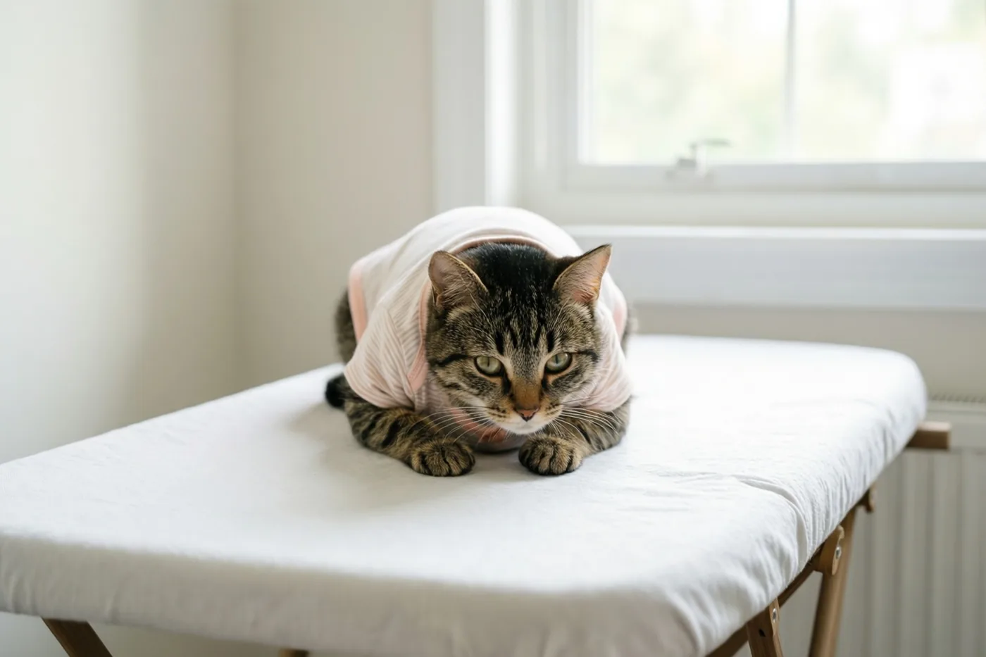 Een tijgerkat in een klein roze babypakje ligt op een witte verzorgingstafel bij een raam en kijkt naar de camera in zacht daglicht.