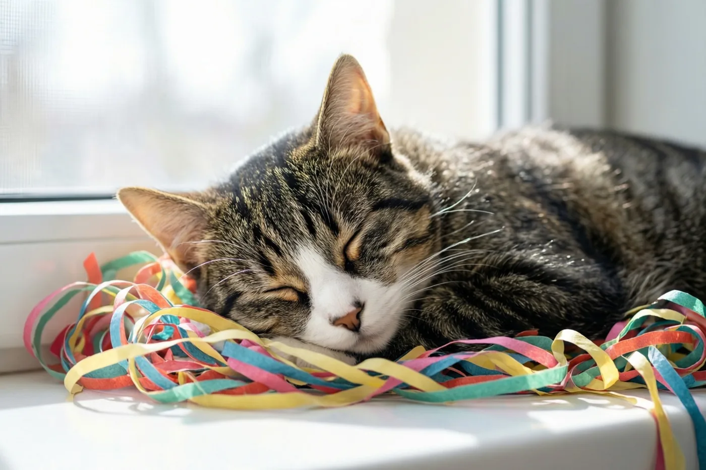 Een tijgerkat met een witte snoet slaapt op een vensterbank tussen kleurrijke serpentines in zacht licht uit het raam.