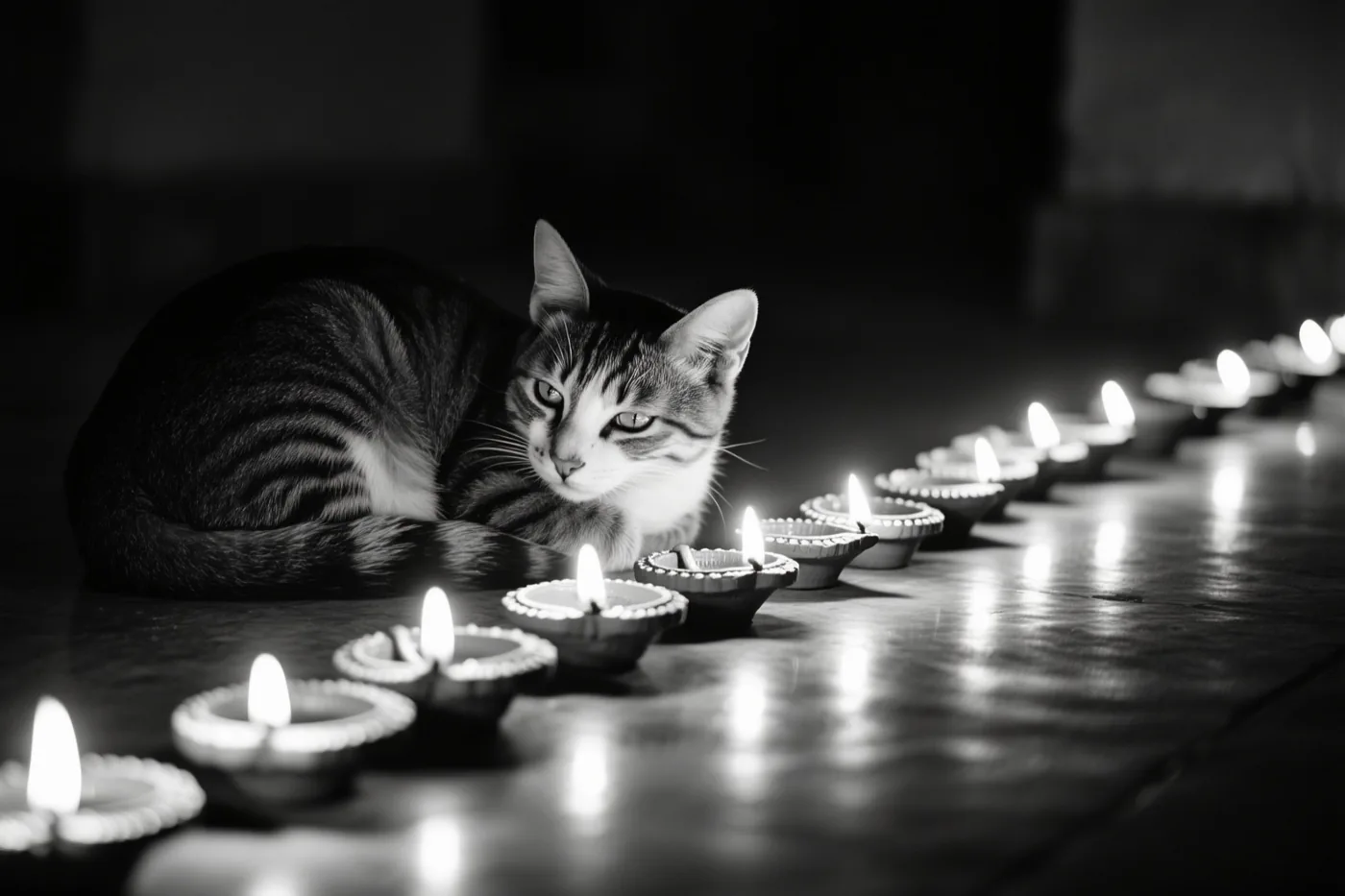 Een monochroom beeld toont een opgekrulde tijgerkat op een donker houten oppervlak naast een rij brandende olielampjes.