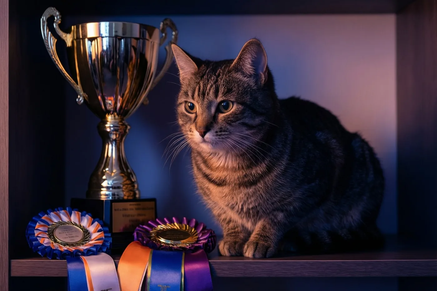 Een tijgerkat zit op een houten plank naast een grote glanzende zilveren beker en kleurrijke prijslinten, belicht met warme en koele tinten.
