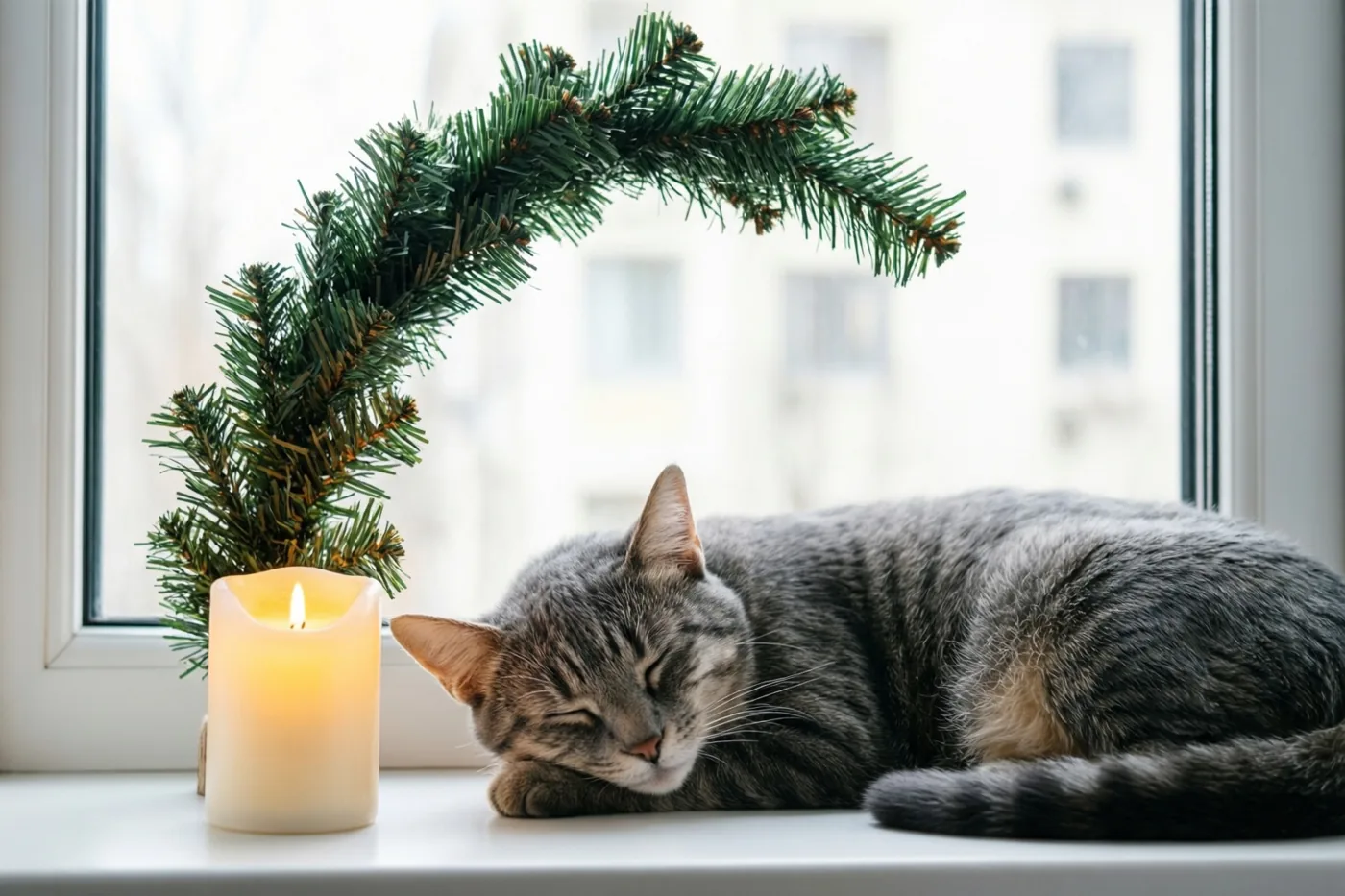 Een grijze tijgerkat slaapt op een witte vensterbank naast een brandende kaars, onder een gebogen groene dennentak.