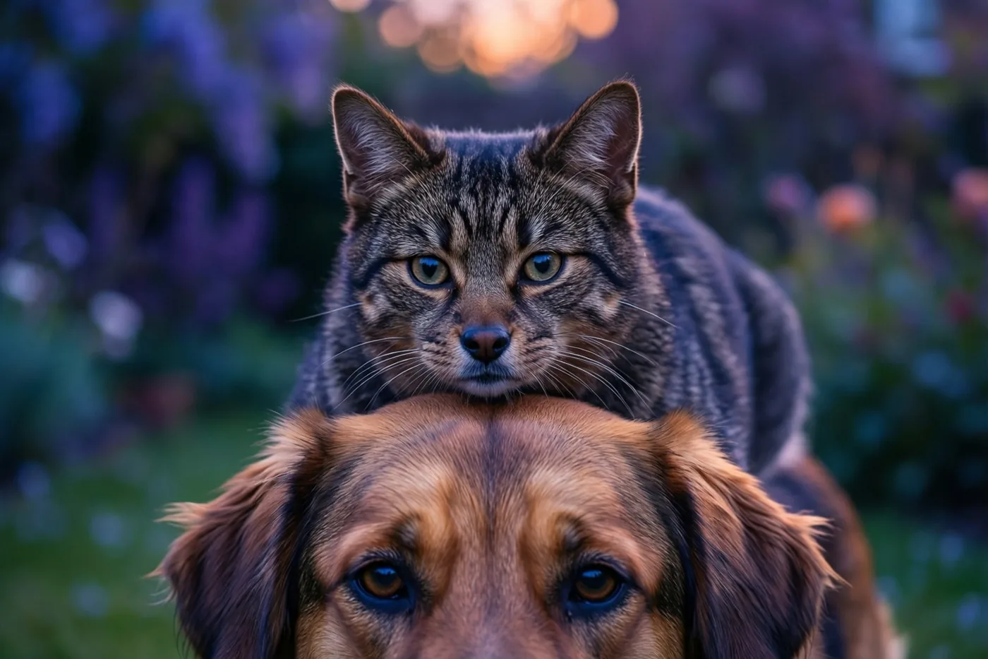 Een tijgerkat zit op de rug van een bruine hond in een tuin, met zacht warm licht en onscherpe paarse en groene tinten op de achtergrond.