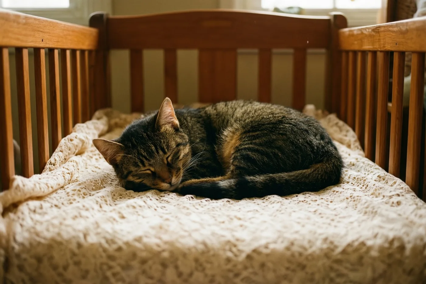 Een tijgerkat slaapt opgekruld in een houten wieg met een crèmekleurige kanten babydeken, verlicht door zacht daglicht.