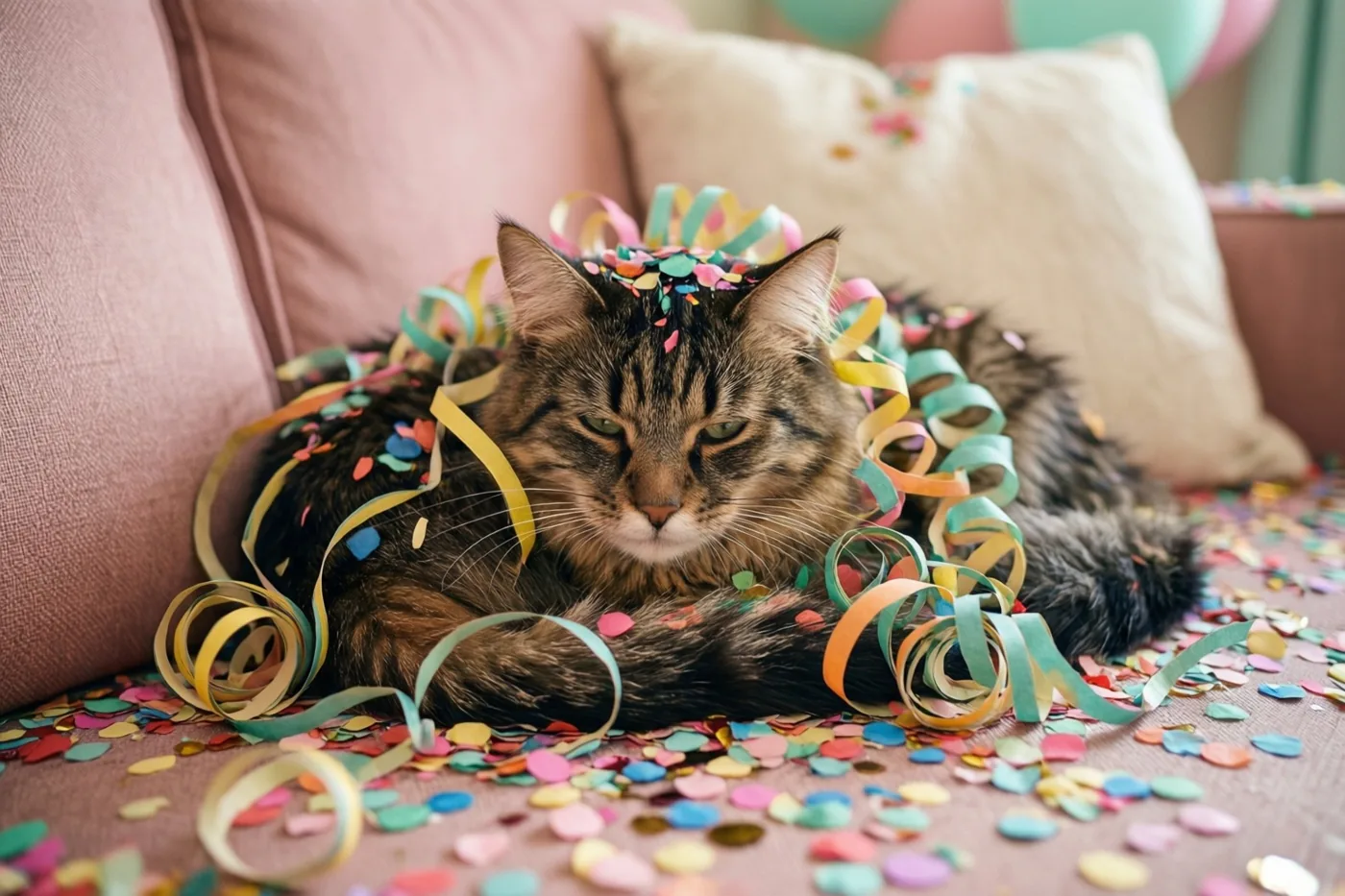 Een tijgerkat ligt op een roze zetel tussen kleurrijke confetti en verwarde feestslingers, met roze, blauwgroene en gele tinten in het beeld.