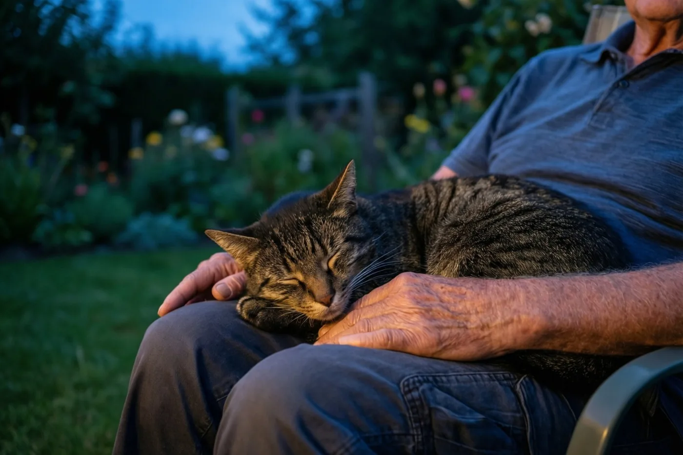 Een tijgerkat slaapt op de schoot van een oudere persoon in een tuinstoel bij schemering, met onscherp groen en bloemen op de achtergrond.