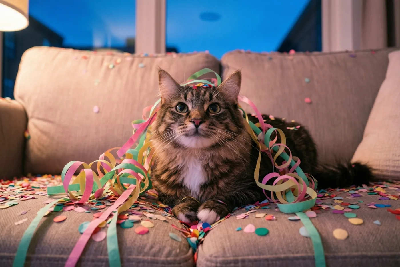 Een pluizige tijgerkat zit op een beige zetel tussen kleurrijke feestslingers en confetti, met een blauwe avondlucht zichtbaar door het raam erachter.