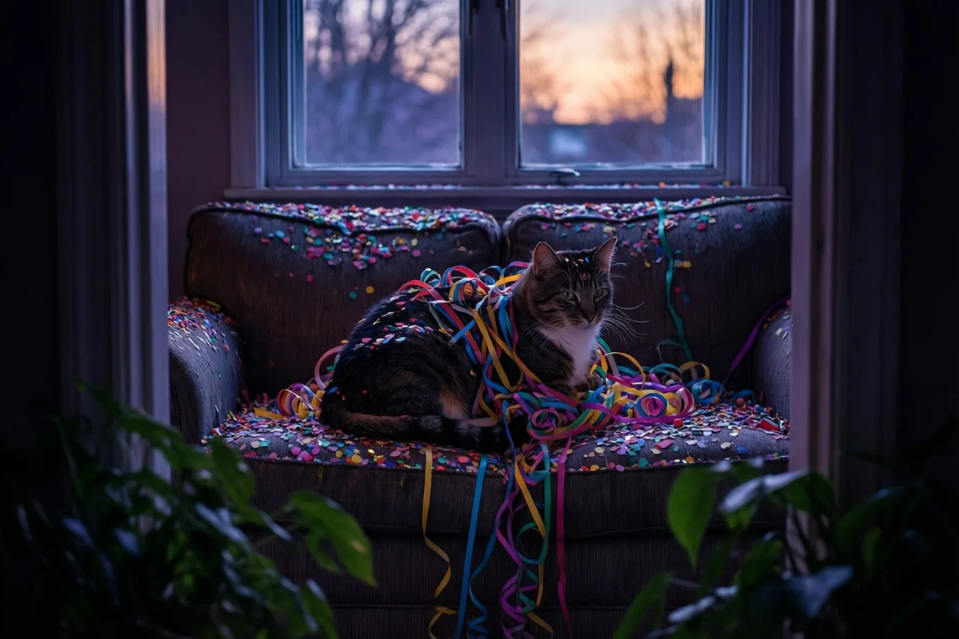 Een tijgerkat kijkt naar de kijker vanaf een donkere zetel met confetti en kleurrijke slingers waarin ze verstrikt zit, met een zonsondergang achter het raam en groene planten op de voorgrond.