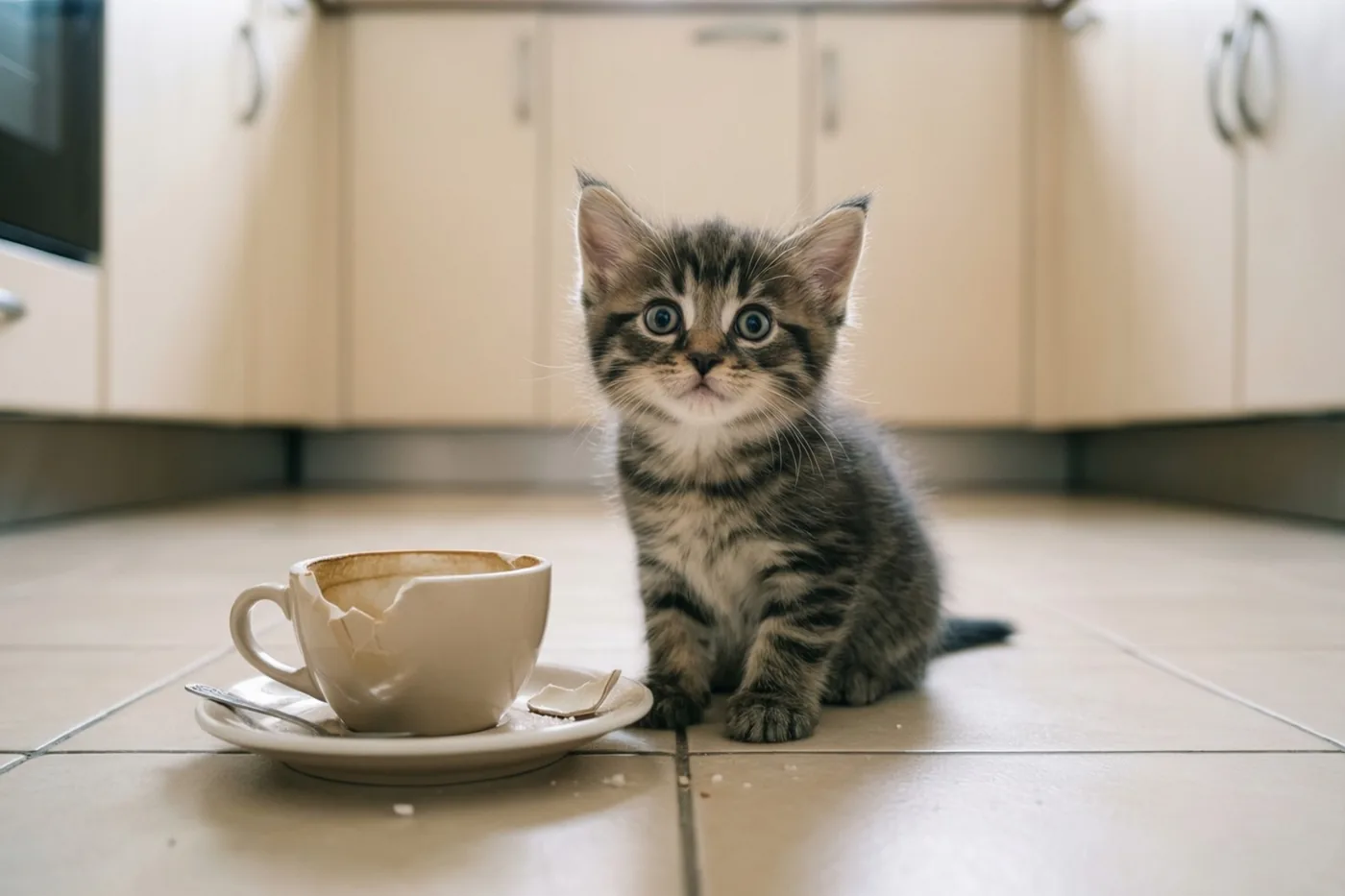 Een klein tijgerkatje met grote ogen zit op een betegelde keukenvloer naast een gebroken keramische koffiekop op een schoteltje, in zacht beige en crèmekleurig licht.