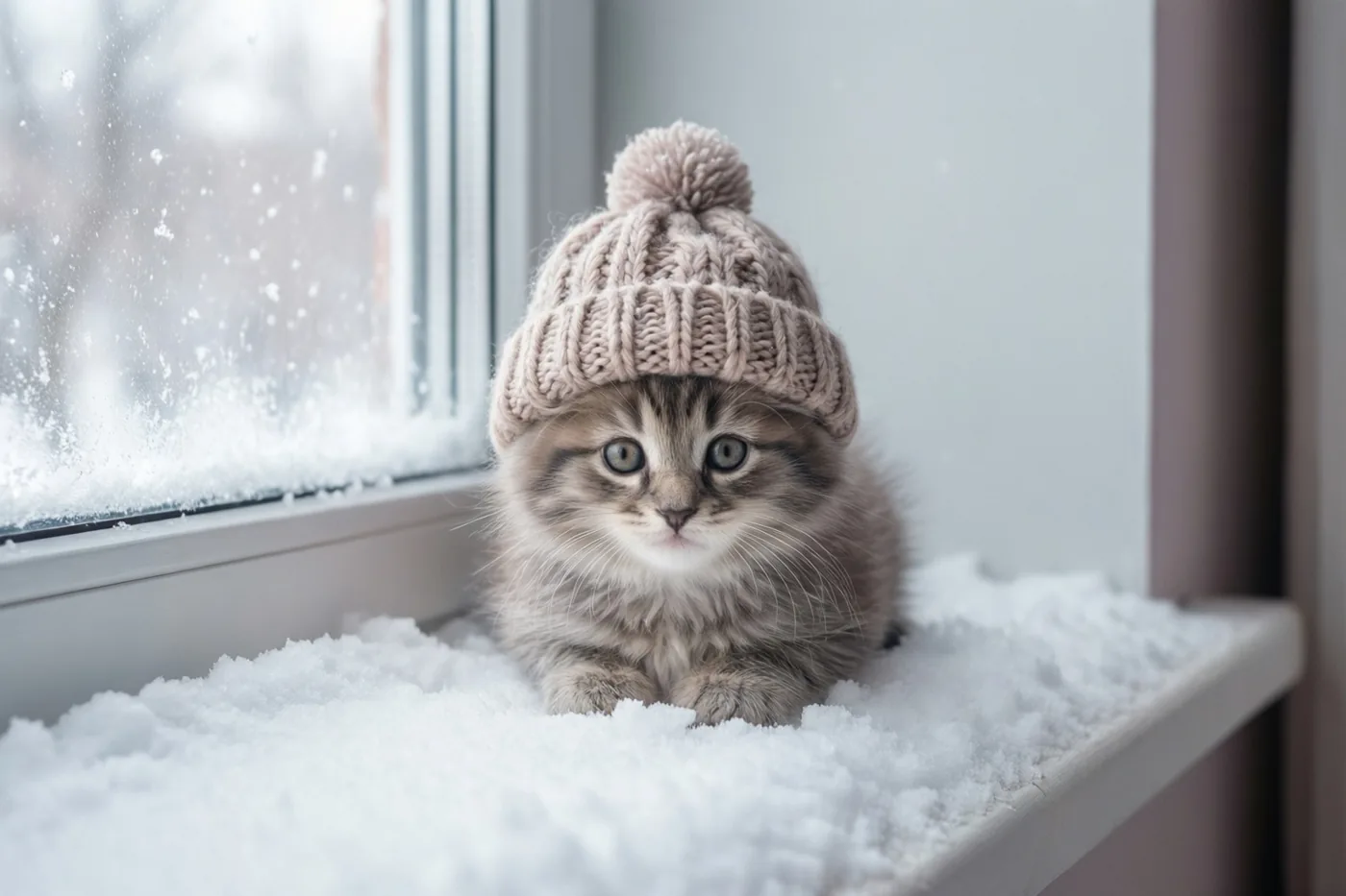 Een pluizig tijgerkatje met een wollen muts met pompon zit binnen op een besneeuwde vensterbank en kijkt door het raam.