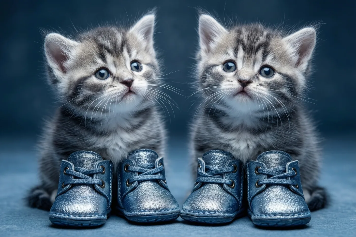 Twee identieke tijgerkittens met elk een paar kleine blauwe babyslofjes zitten naast elkaar tegen een donkerblauwe achtergrond in zacht licht.