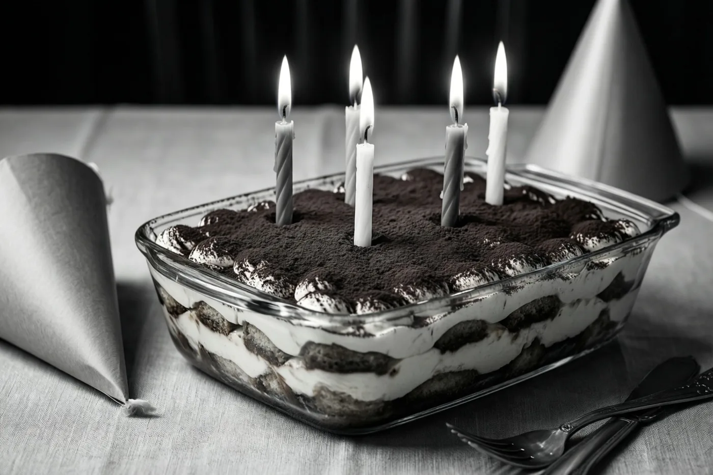 Een zwart-witfoto toont een glazen schaal tiramisu met cacaopoeder en brandende kaarsen, met papieren feesthoedjes ernaast op tafel.