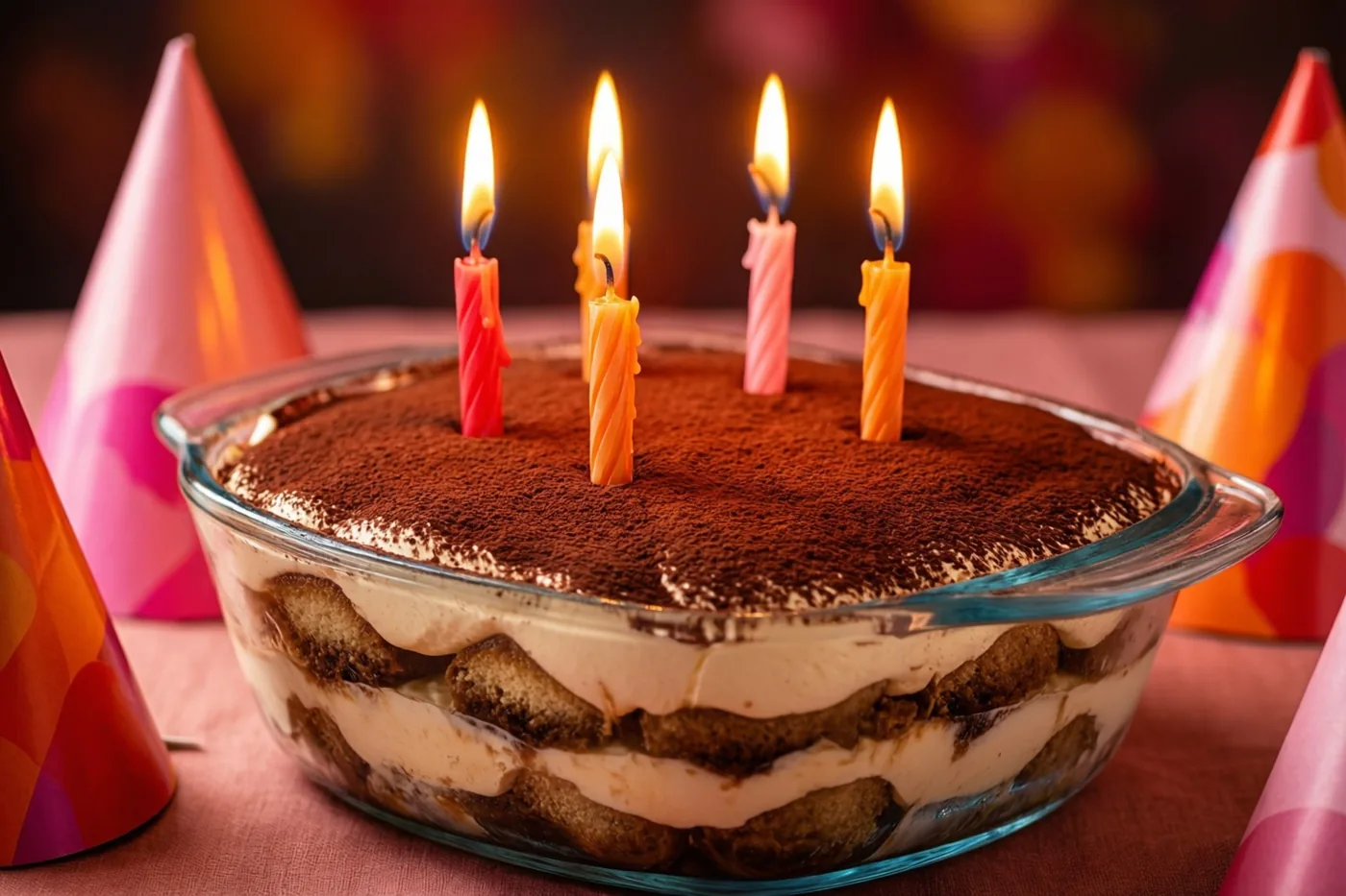 Een glazen schaal tiramisu met cacaopoeder en vijf brandende kaarsen staat tussen papieren feesthoedjes op een tafel in warm licht met roze en oranje tinten.