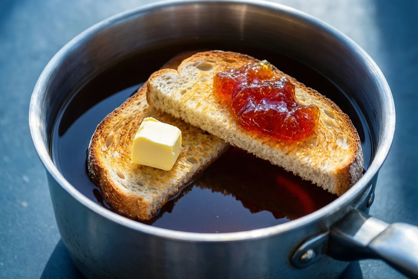 Twee sneetjes toast, één met boter en één met marmelade, liggen in een metalen pot met donkere vloeistof in helder ochtendlicht.