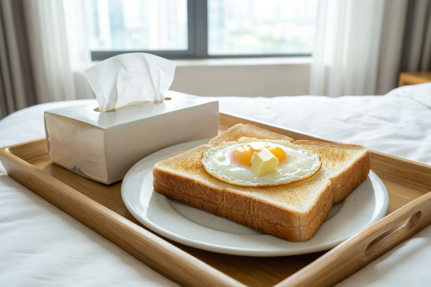 Een ontbijtdienblad met een toast met een spiegelei en boter staat naast een doos zakdoekjes op een witte bedsprei bij een raam.