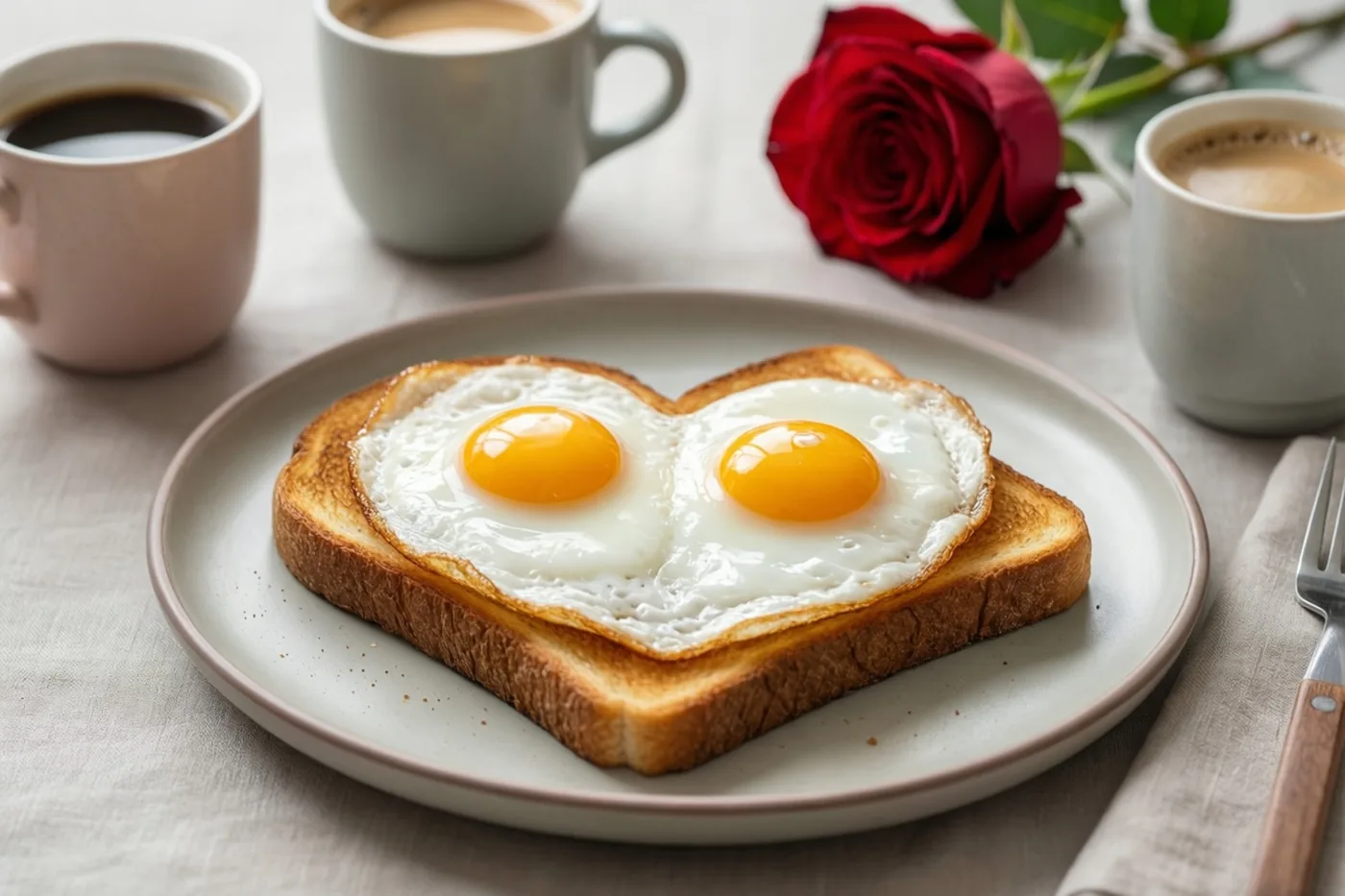 Twee hartvormige spiegeleieren liggen op een snee toast op een bord, met drie koppen koffie en een rode roos op een licht linnen tafelkleed.