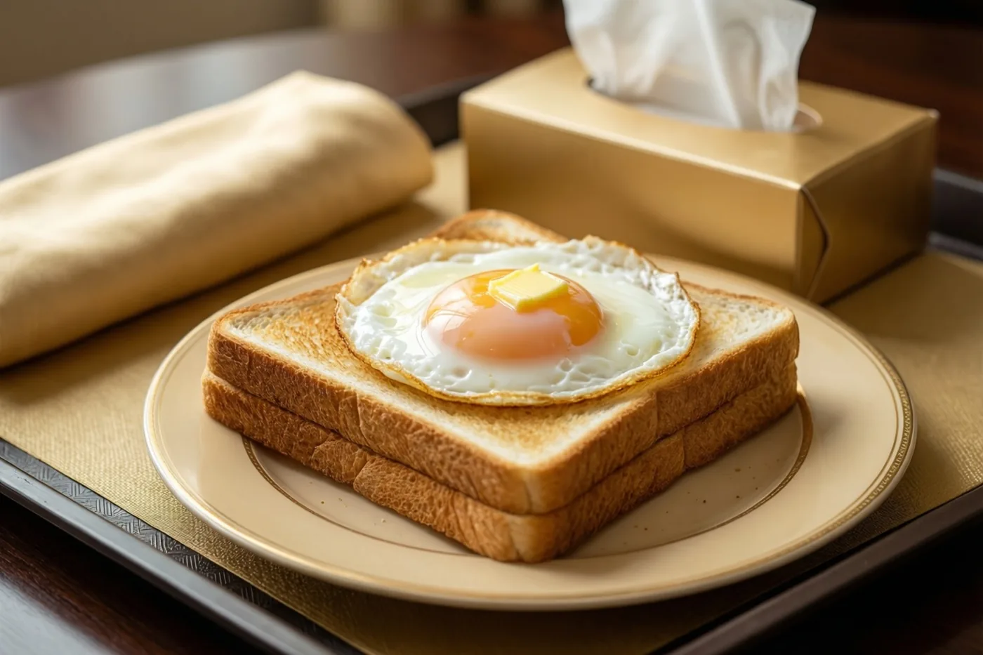 Op een houten oppervlak staat een ontbijtdienblad met twee sneden toast, een spiegelei en een klontje boter, met een goudkleurige doos zakdoekjes en een gevouwen servet erbij.