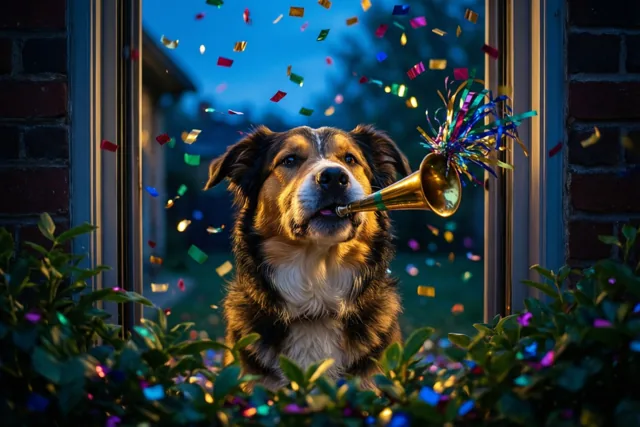 Deze hond toetert nieuwjaar binnen