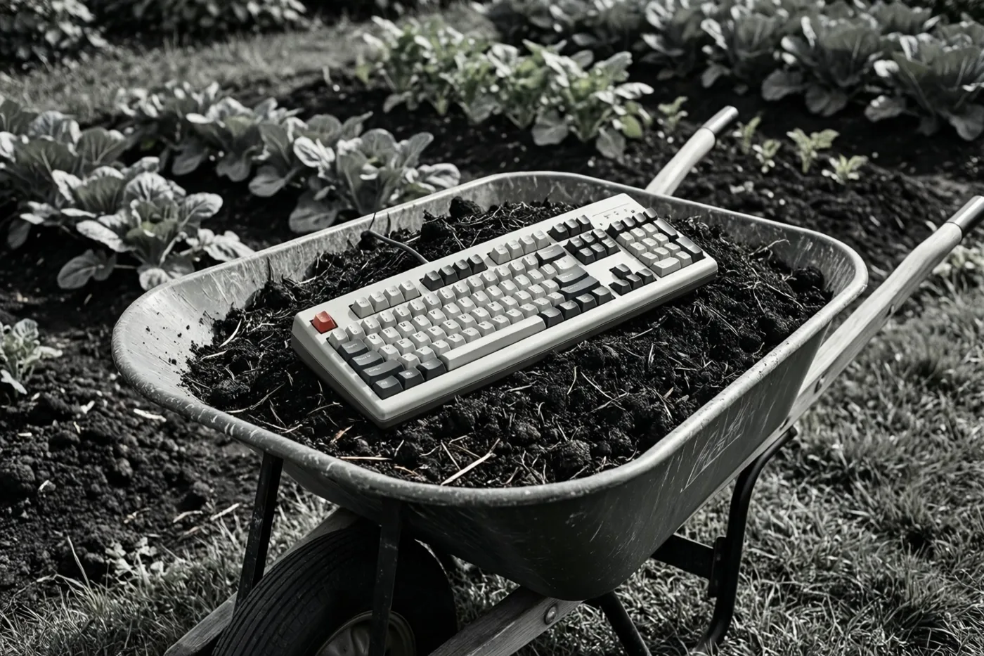 Op een zwart-witfoto ligt een computertoetsenbord in een kruiwagen vol donkere compost tussen rijen bladplanten in een moestuin.