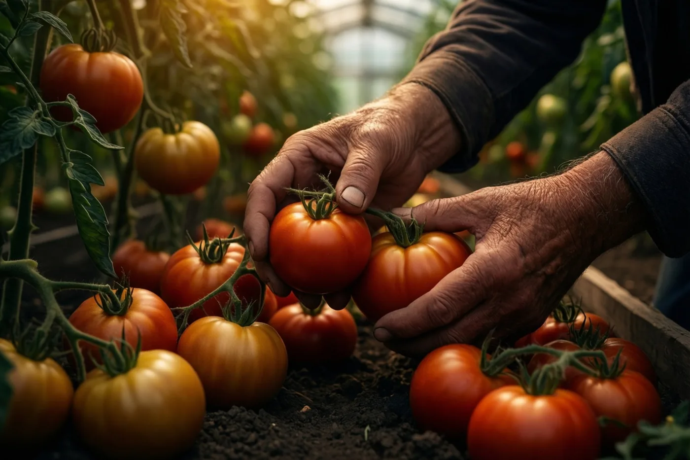 Twee volwassen handen plukken voorzichtig rijpe rode tomaten van een plant in een serre met goudkleurig zonlicht door het glazen dak.