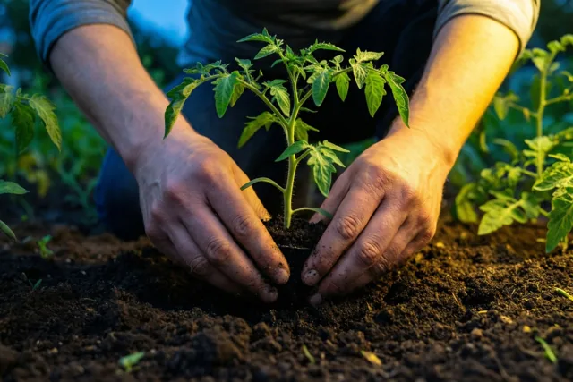 Twee handen planten een klein groen tomatenplantje in rijke, donkere aarde in warm, goudkleurig licht.
