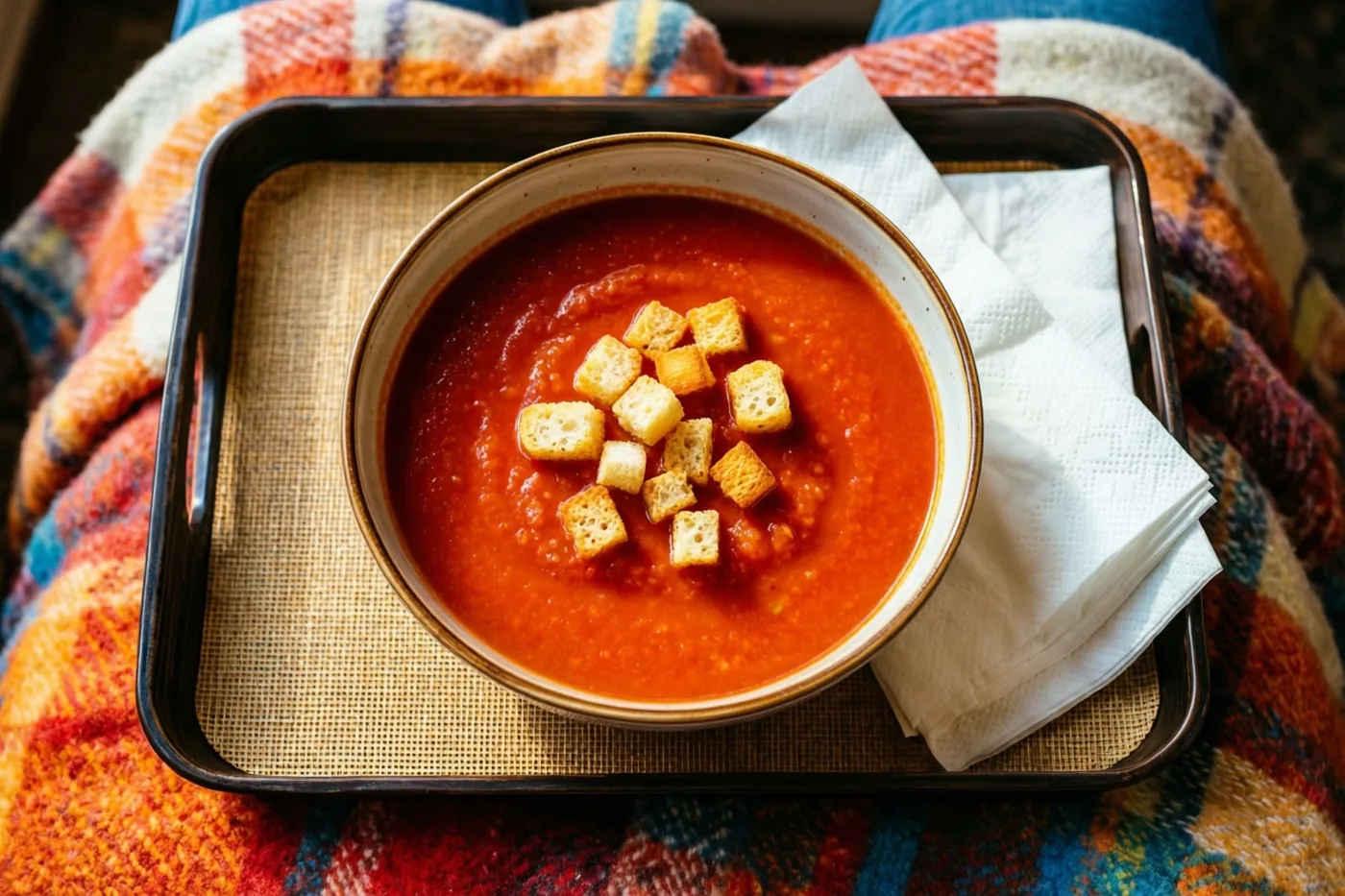Een kom rode tomatensoep met croutons staat naast een gevouwen wit servet op een zwart dienblad met een geweven mat, op een kleurrijke geruite deken.