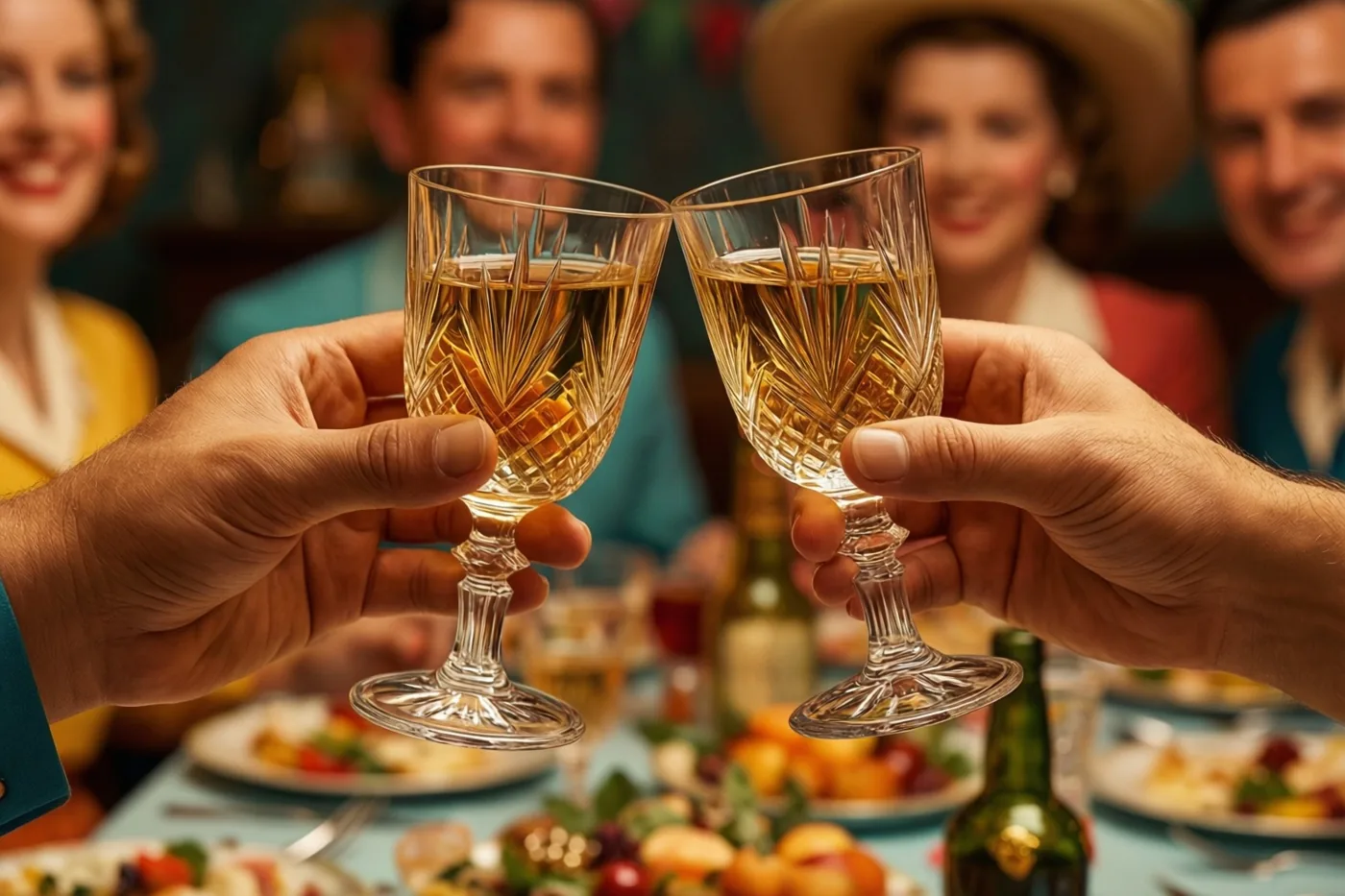 Twee handen klinken met oude kristallen glazen boven een feesttafel in jarenvijftigstijl met eten en drinken, in warme sepiatinten.