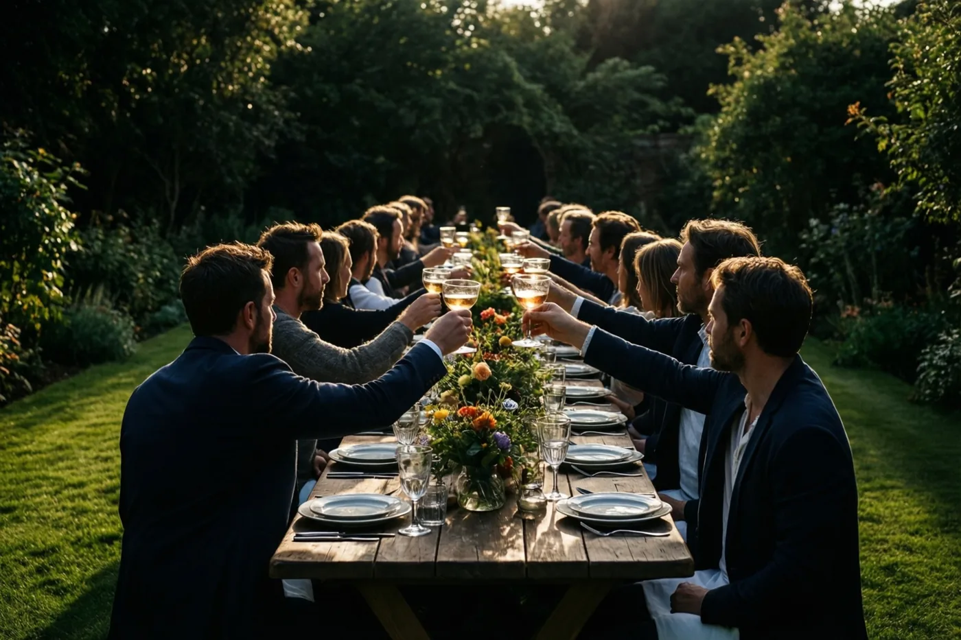 Gasten aan een lange houten tafel in een tuin heffen hun glas in het warme gouden zonlicht dat door de bomen valt.