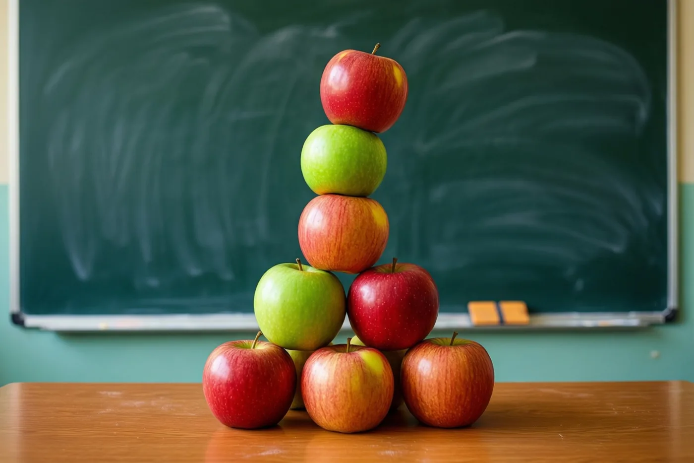 Rode en groene appels zijn tot een toren gestapeld op een houten bureau voor een groen schoolbord.