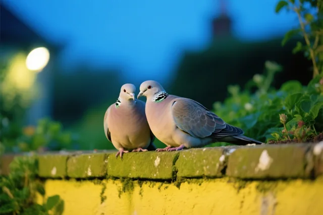 Twee tortelduiven zitten dicht bij elkaar op een bemoste tuinmuur bij schemering, in zacht blauw en geel licht.