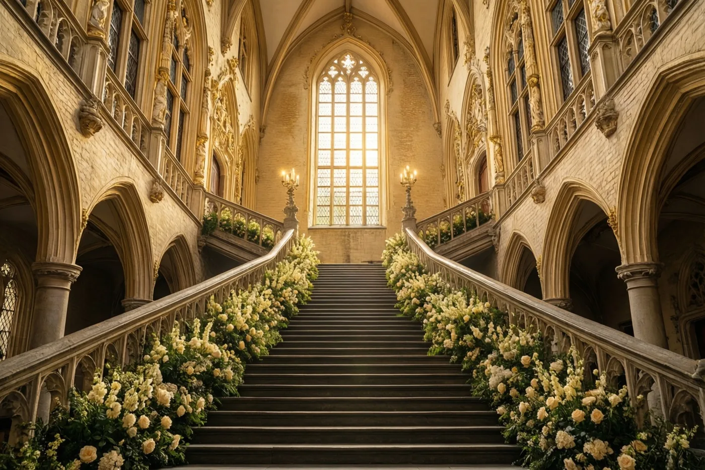Een statige trap in een historisch Vlaams stadhuis is versierd met afhangende witte en crèmekleurige bloemstukken in het warme licht van een groot glas-in-loodraam.